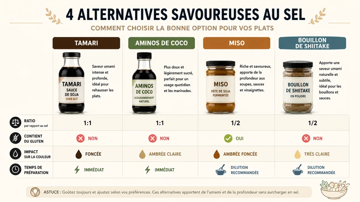 Infographie alternatives sauce soja tamari aminos coco miso bouillon shiitake ratios