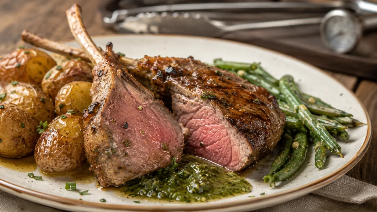 Côtelettes d'agneau rosées avec pommes de terre et légumes verts