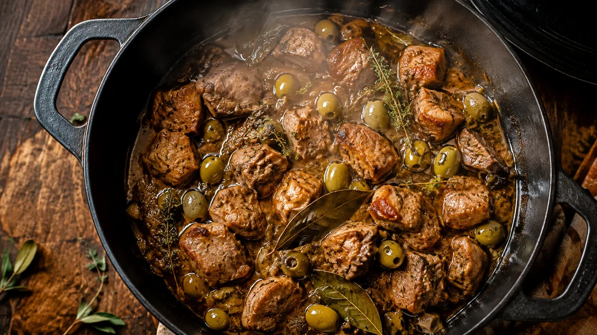 Cocotte de sauté de veau aux olives corse en cuisson