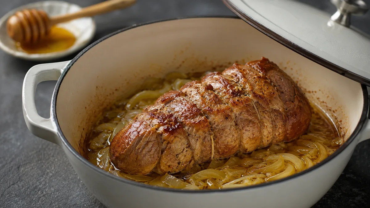 Filet mignon en cocotte avec oignons et sauce moutarde