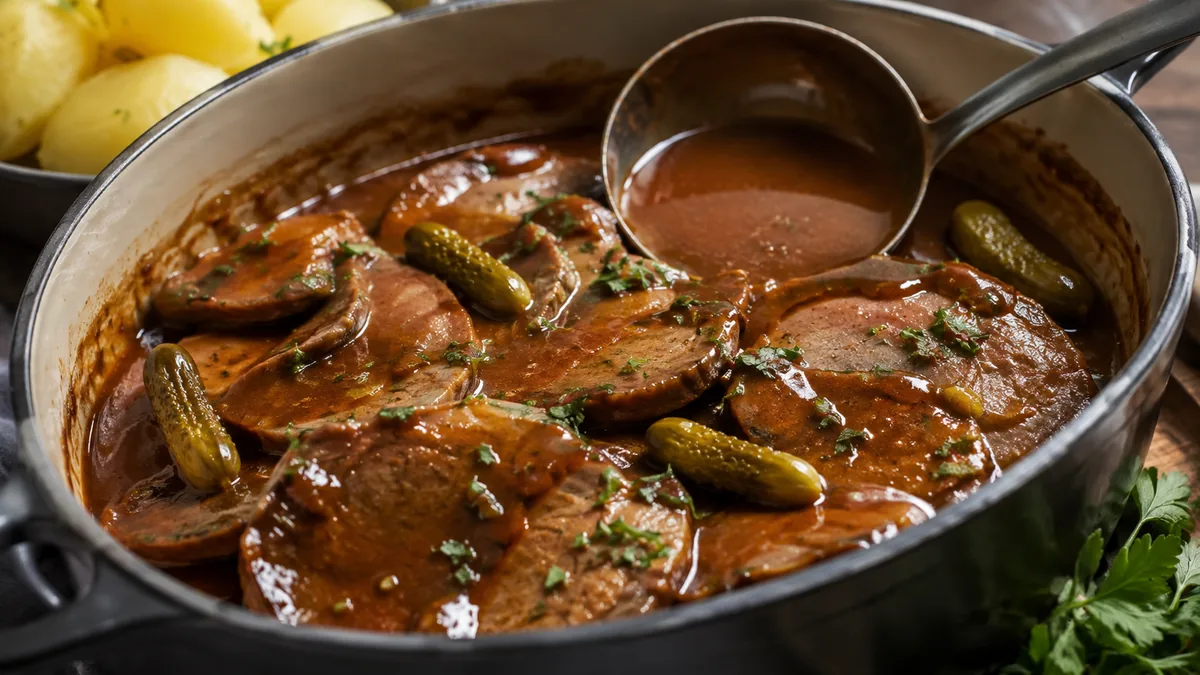 Tranches de langue de bœuf dans une sauce aux cornichons