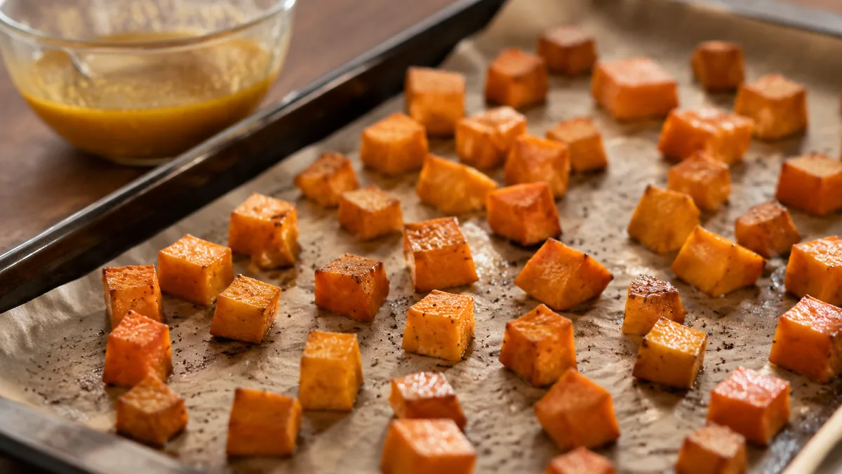 Cubes de patate douce assaisonnés bien espacés sur une plaque