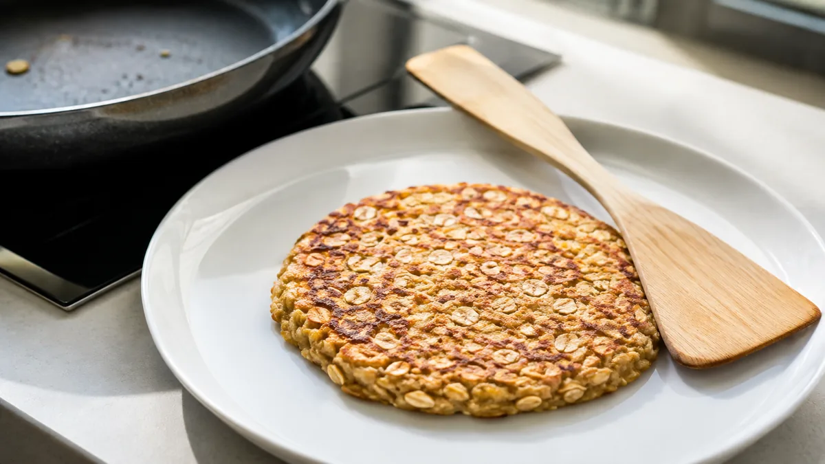 Galette de flocons d'avoine dorée cuite à la poêle sur assiette