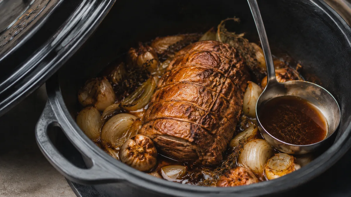 Rôti de porc doré en cocotte avec oignons et jus