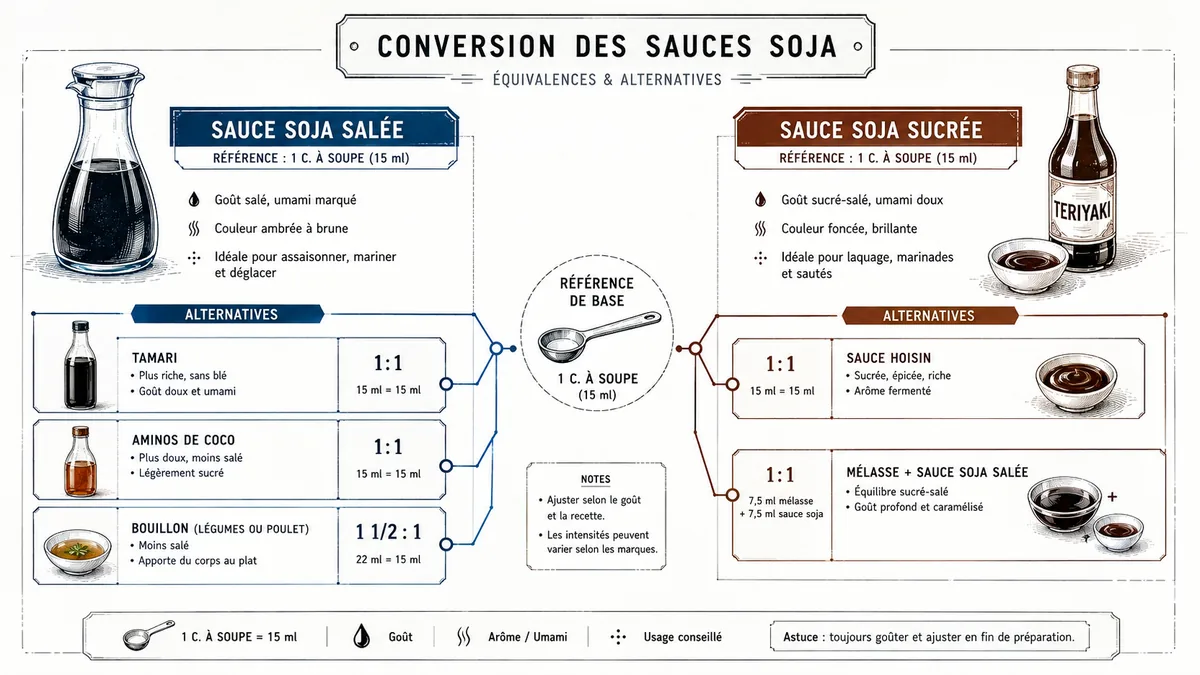 Schéma distinction sauce soja salée versus sucrée et leurs substitutions adaptées