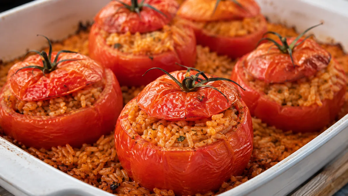 Schéma du riz cru et du jus autour des tomates farcies