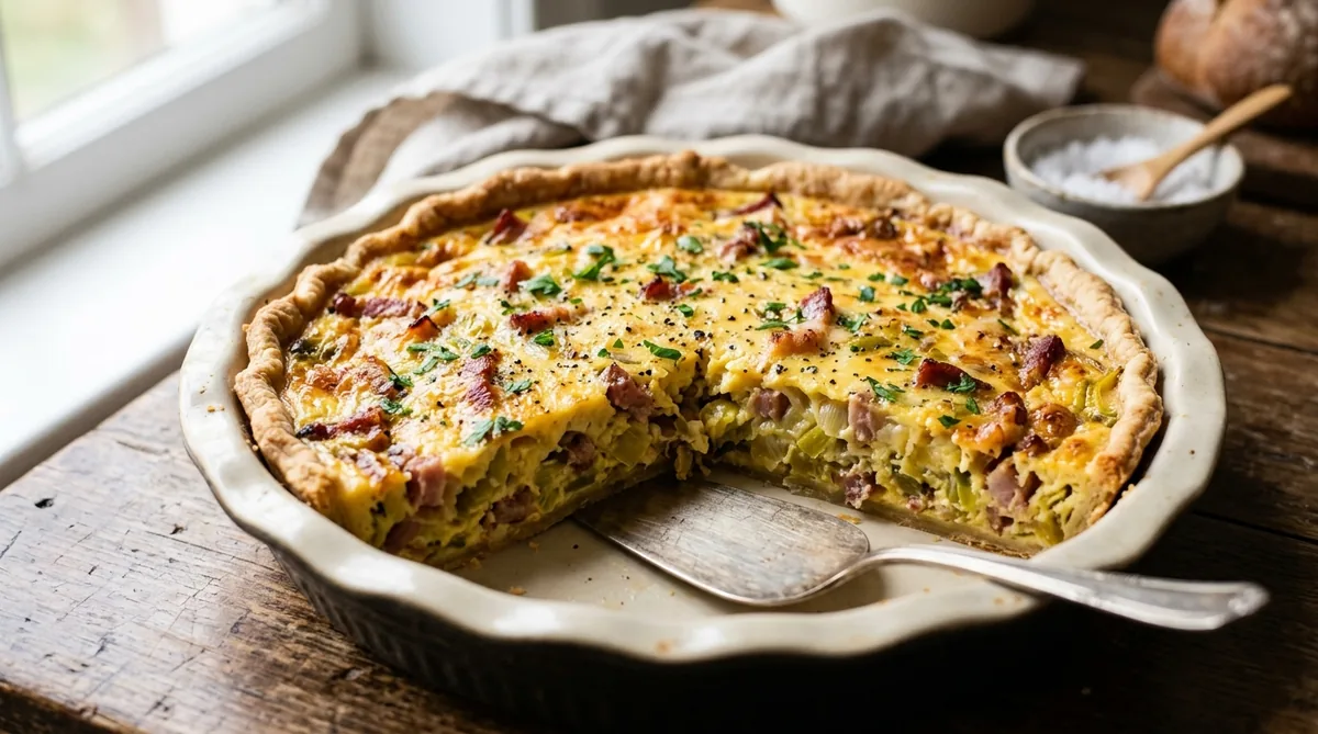 Coupe annotée d'une quiche aux poireaux et lardons