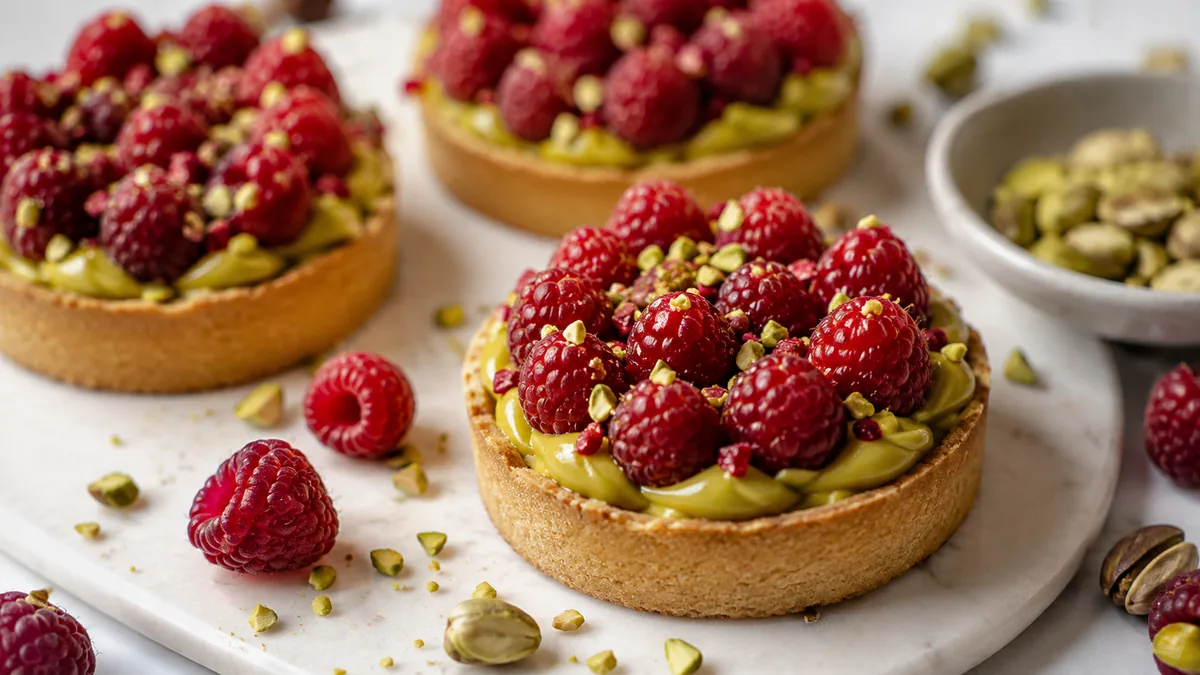 Coupe annotée d'une tartelette pistache framboise en quatre couches