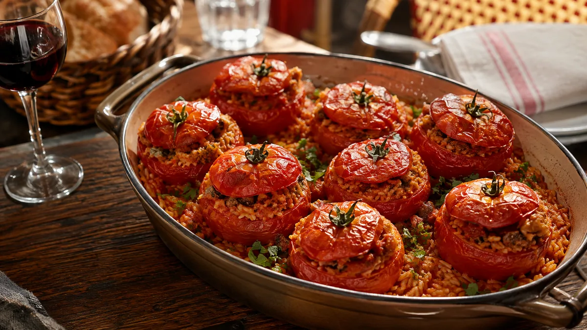Plat de tomates farcies au riz sur lit de riz