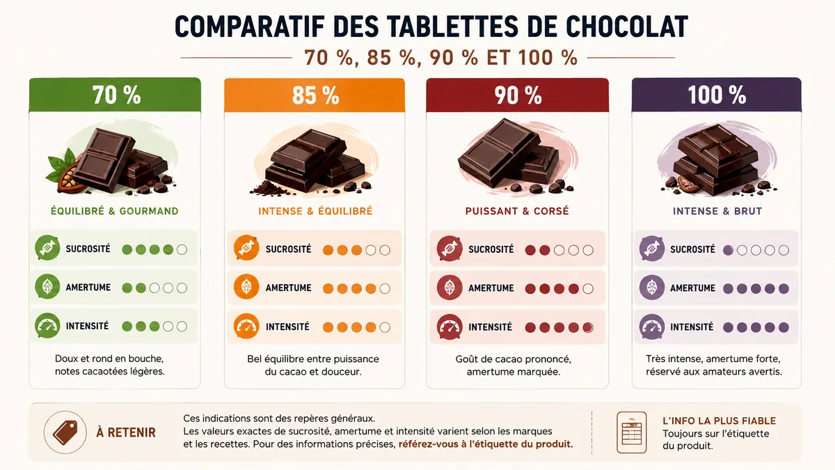 Comparaison visuelle des teneurs en cacao du chocolat noir