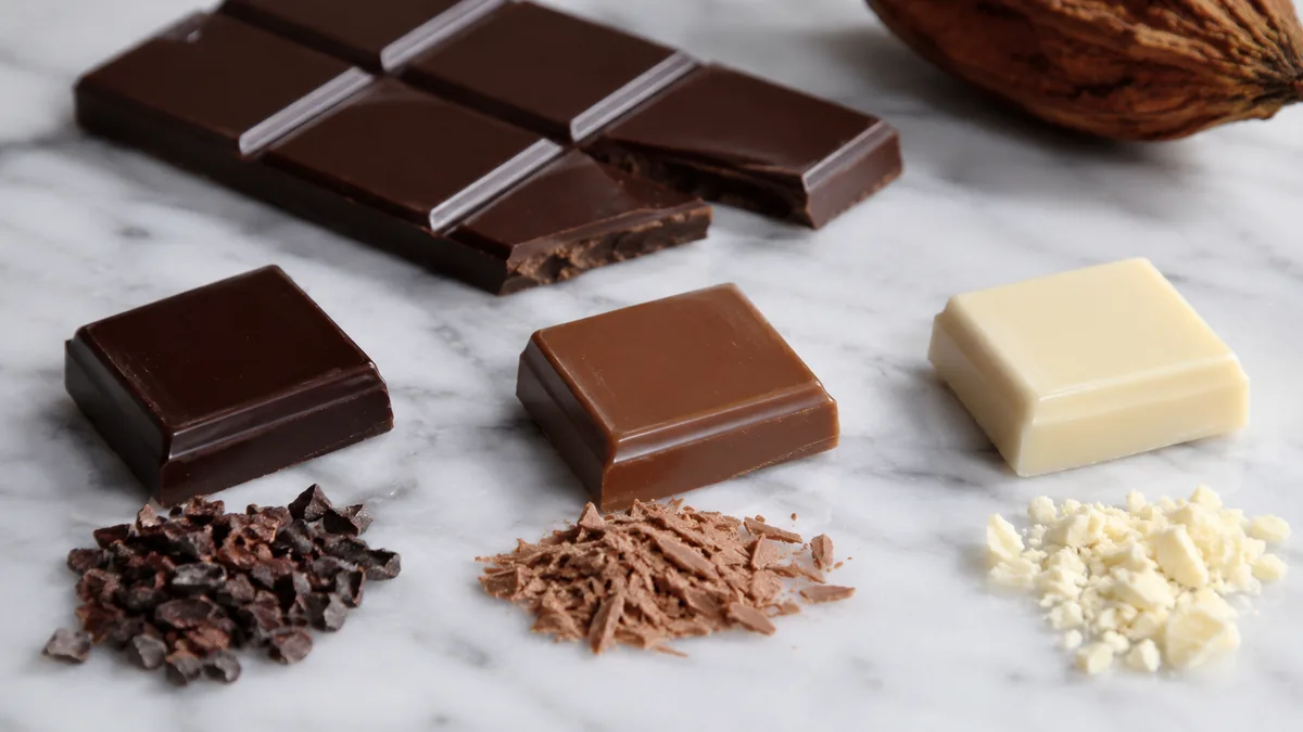 Chocolats noir au lait et blanc avec listes d'ingrédients
