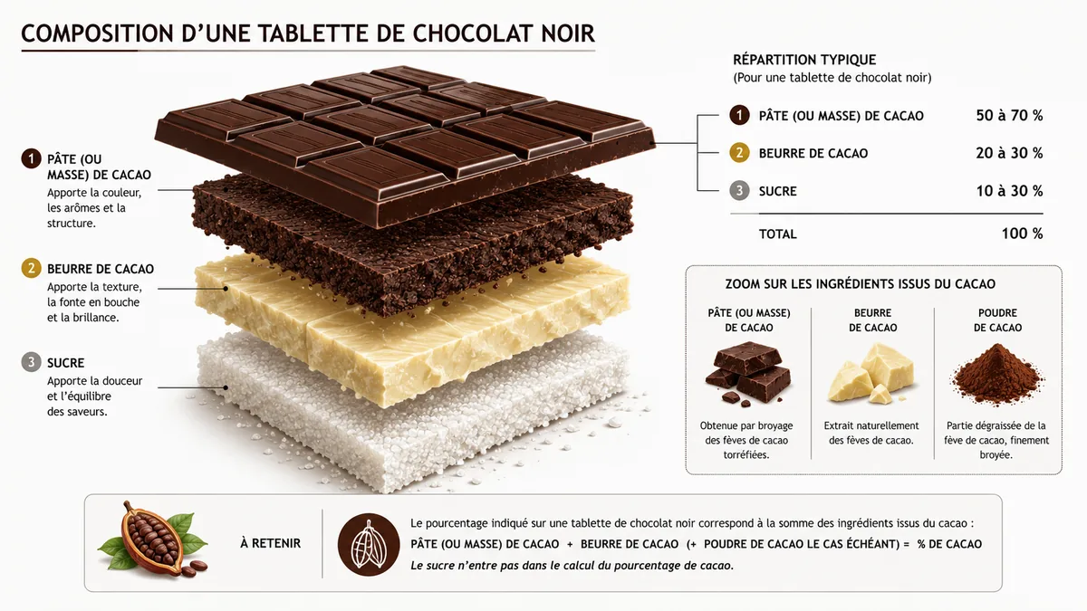 Schéma des ingrédients du chocolat noir et du pourcentage de cacao