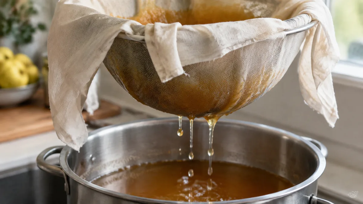 Jus de coing égouttant dans un chinois sans être pressé