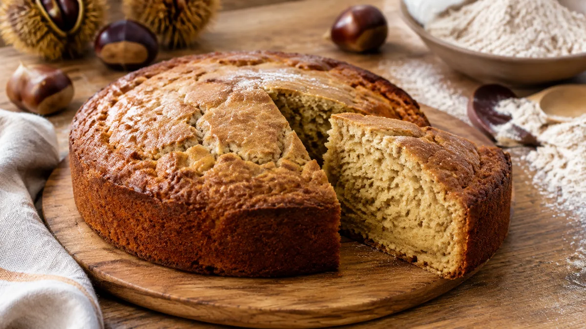Gâteau moelleux à la farine de châtaigne coupé en parts