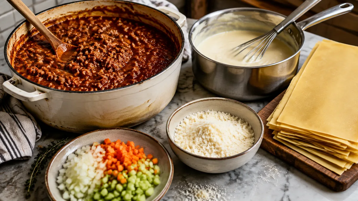 Mise en place pour lasagnes italiennes au ragù et béchamel
