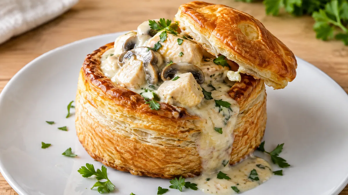 Bouchée à la reine dressée avec garniture crémeuse et croûte feuilletée dorée