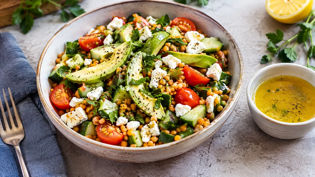 Salade de lentilles corail feta concombre avocat et herbes