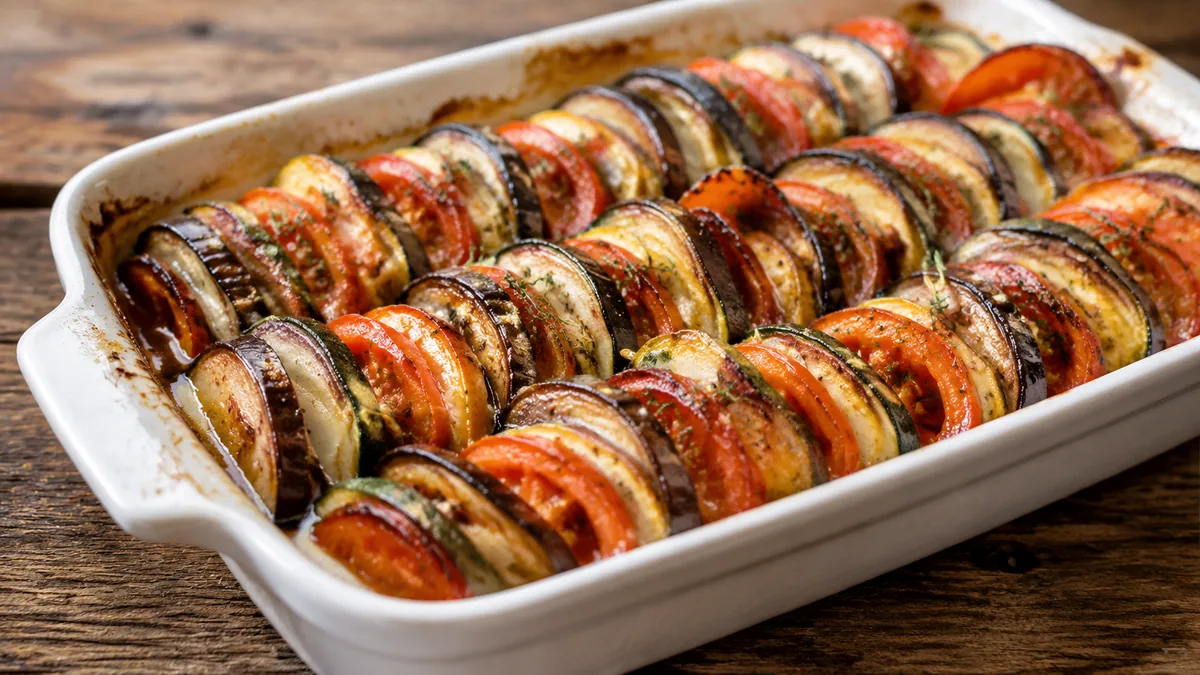 Tian provençal de légumes monté en rondelles dans un plat